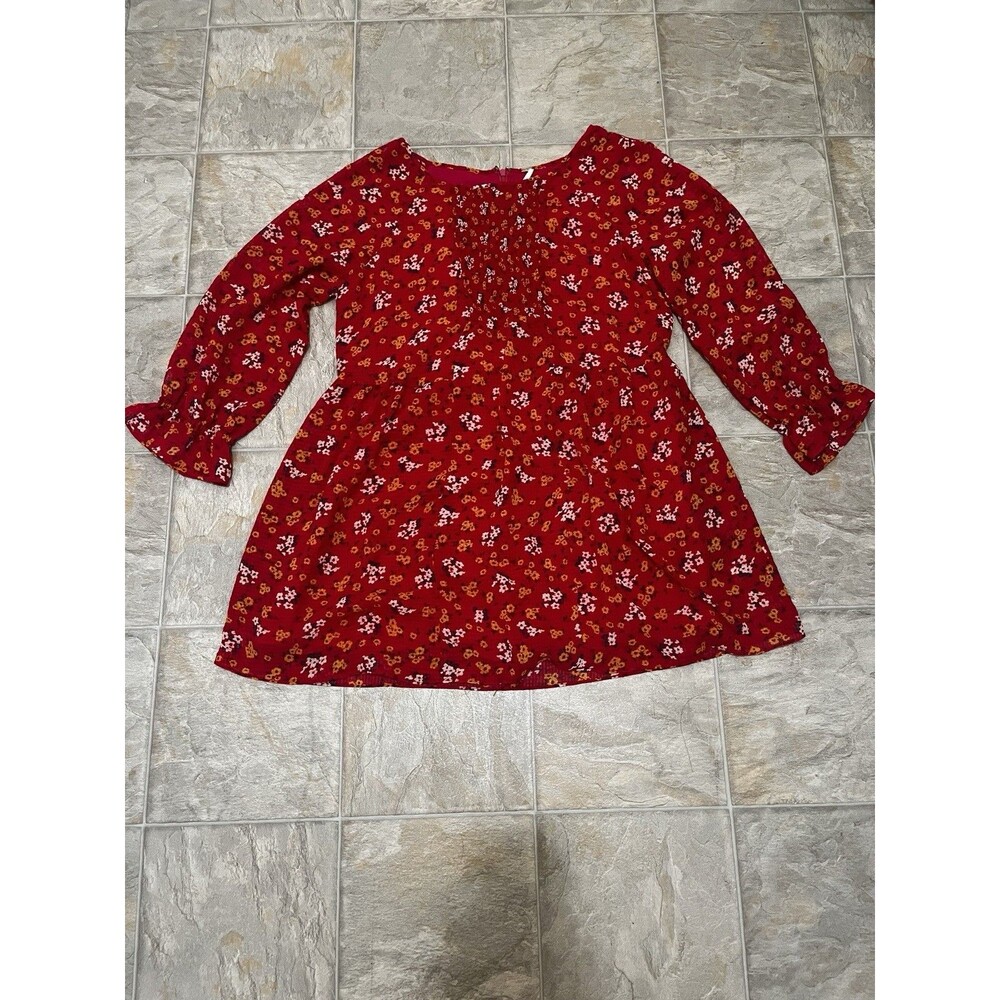 Free People Womens Red Floral Chiffon Long Sleeve Mini A Line Dress Size 12